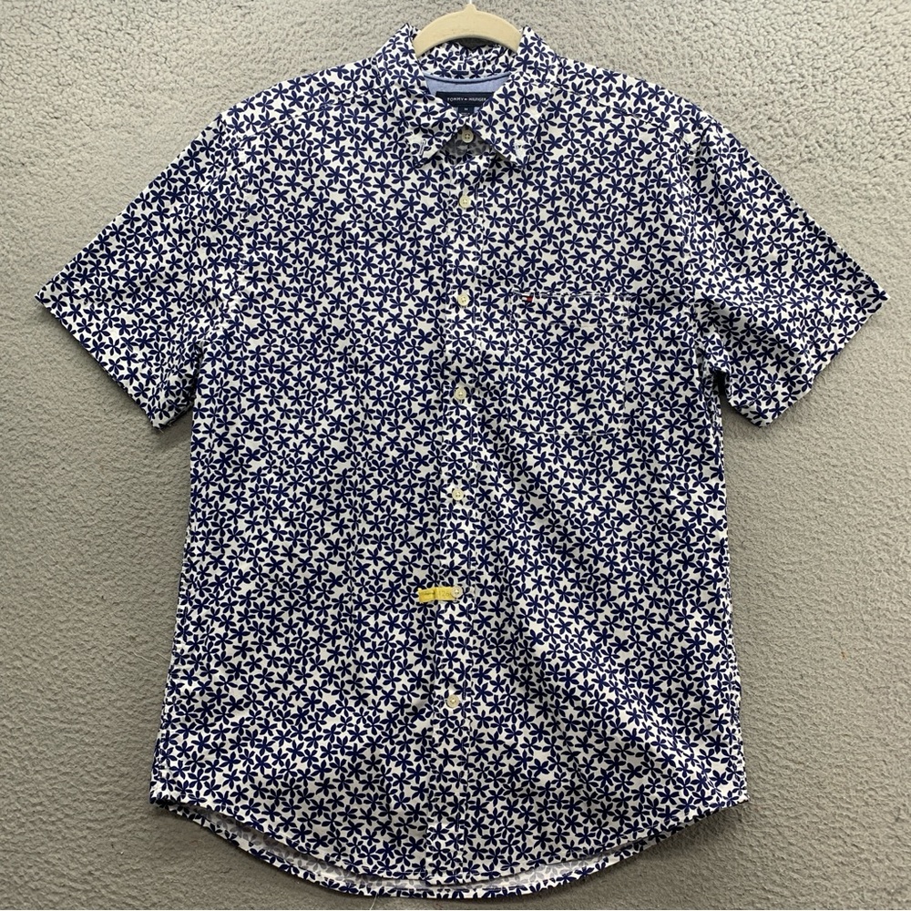 Tommy Hilfiger Shirt Mens M Blue White Micro Floral Print Short Sleeve Button Up